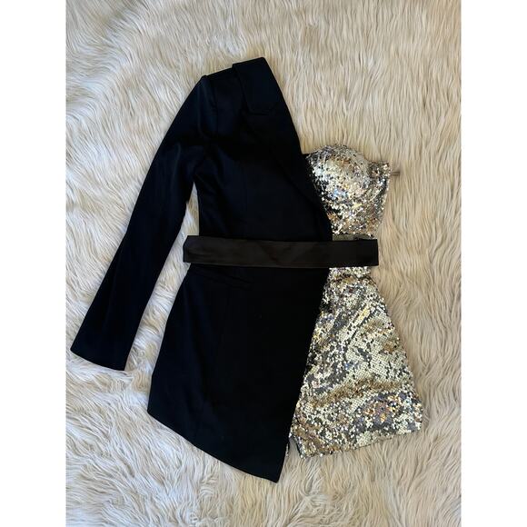 Miss Circle Skylynn Sequin Black Blazer Romper Belted Cut Out Sparkle Dress - Picture 6 of 16